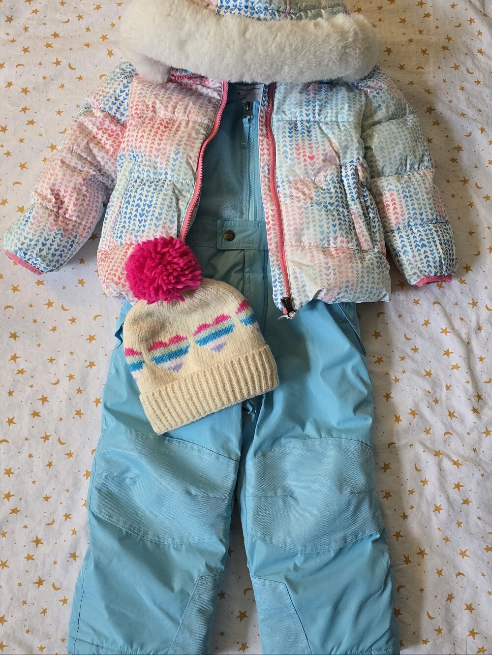 Snozu Girls Pastel Knit Heart-Print Puffer Jacket, Aqua Snow Pants Set & Hat